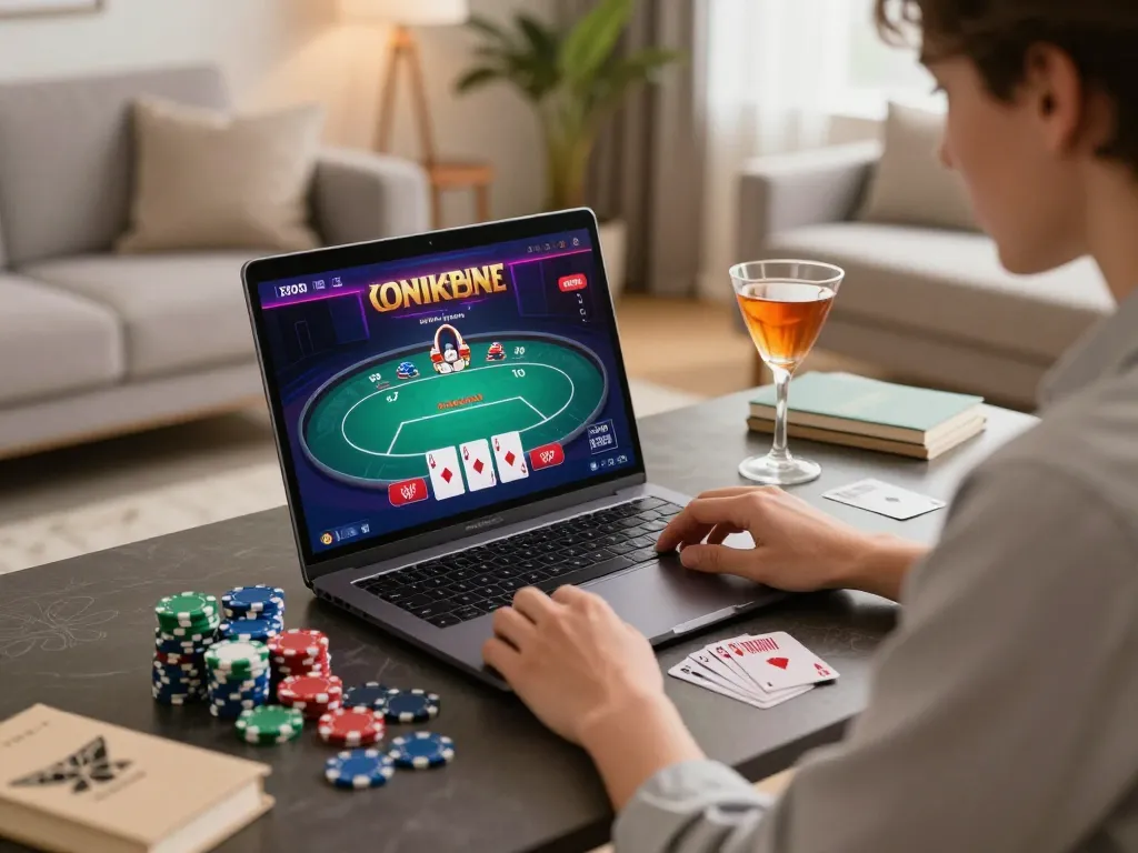 Engaging in online casino gaming at home, showcasing fly88 movie excitement with vibrant poker interface.