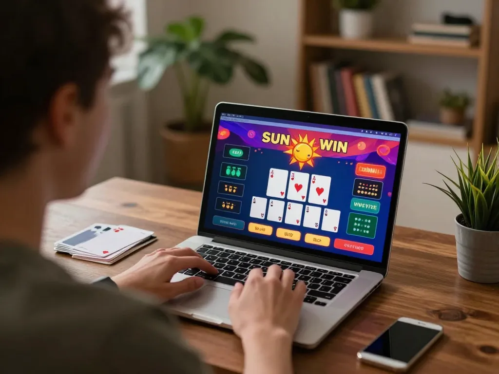 Engaging online poker game at sun win with player analyzing strategy on laptop screen
