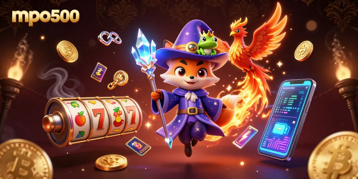 Experience the thrilling world of mpo500 with a mystical wizard fox, phoenix, and vibrant gaming elements.