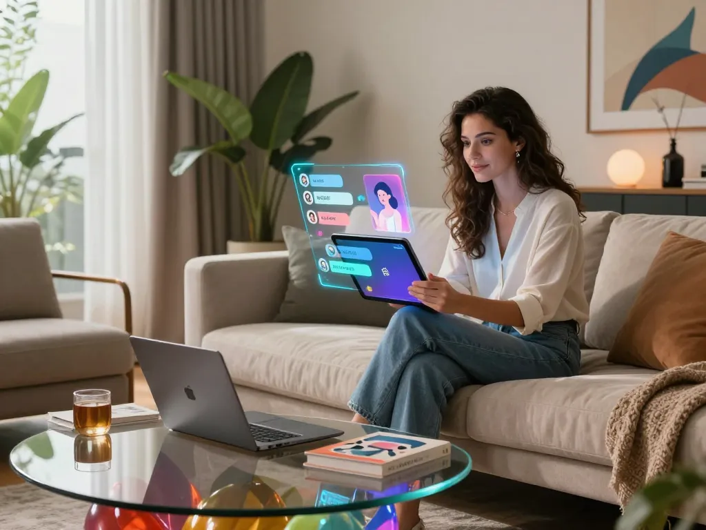 Engaging NSFW AI chat interaction in a modern living room with holographic interface.
