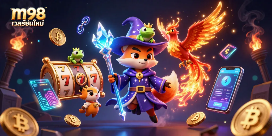 Engage in thrilling m98 เวอร์ชั่นใหม่ gaming with mystical characters and slot reels in a vibrant 3D scene.