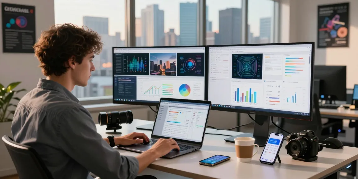 Using an ai image detector on a laptop in a stylish tech workspace, showcasing productivity and analysis tools.