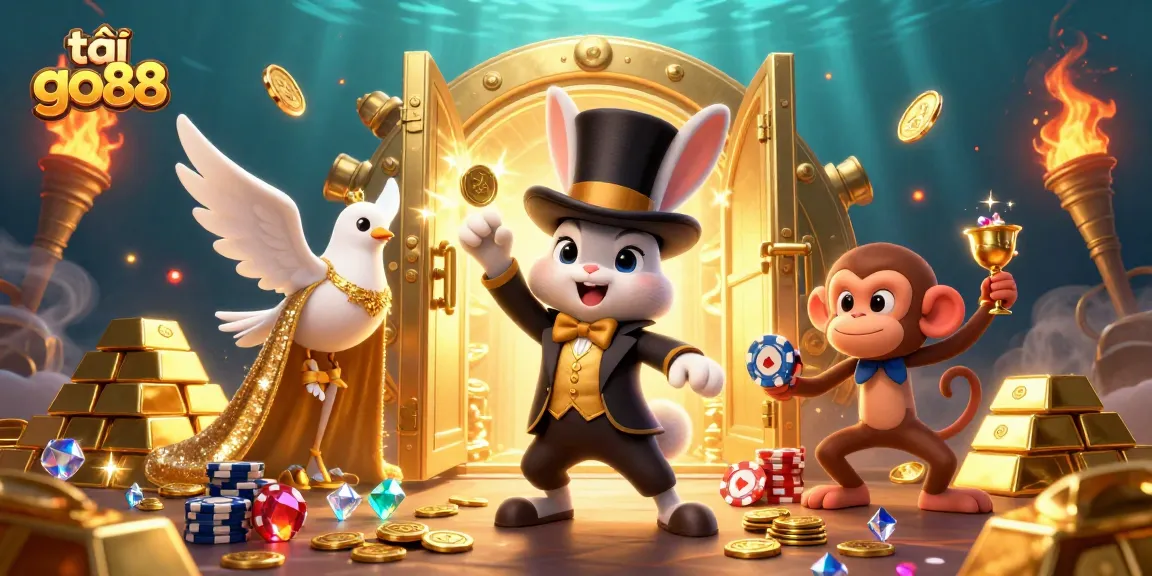 Engage with thrilling gaming moments at tải go88 as a magician rabbit conjures coins in a vibrant casino scene.