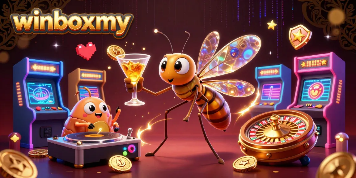 WinboxMY casino mascot mixing gaming fun with a unique 3D illustration of characters and game elements.
