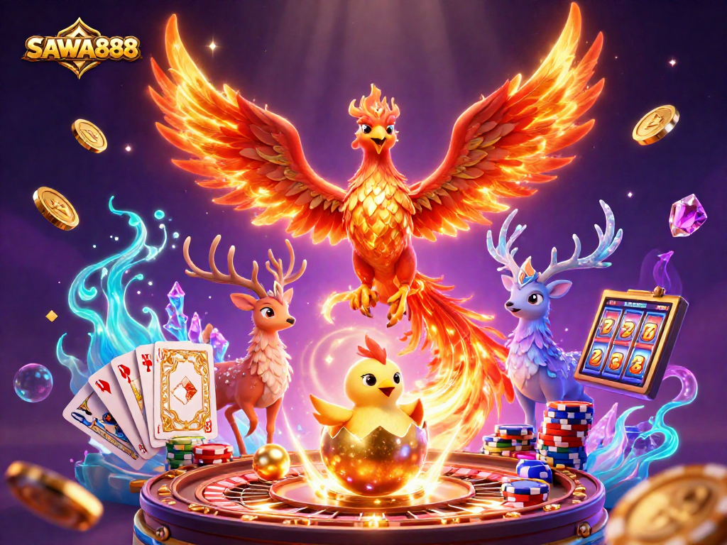Experience thrilling wins with SAWA888 as golden coins cascade around vibrant casino elements.
