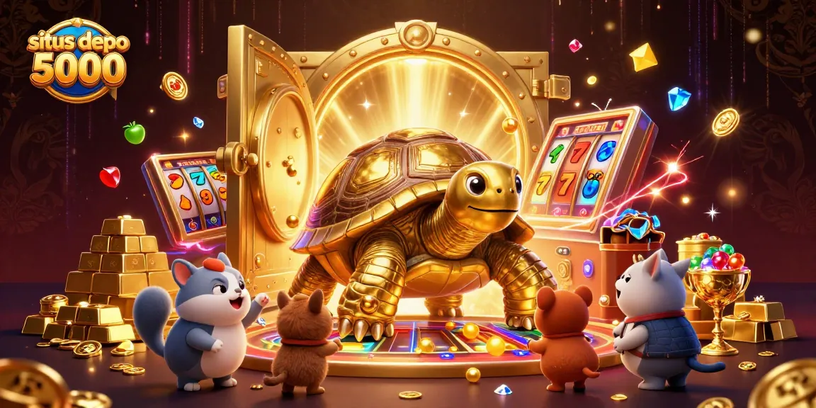 Situs depo 5000 menghadirkan ilustrasi di mana kura-kura emas bermain pinball dengan koin berkilau di sekitar untuk meningkatkan peluang menang.