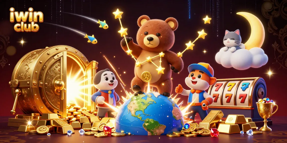 iwin club showcases a vibrant 3D casino scene with treasure elements, bursting with gold coins and lively characters.