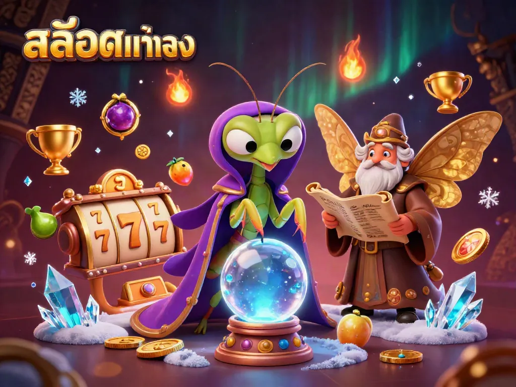 Engage with สล็อตแท้ตรง in this vibrant 3D scene showcasing a mystical fortune teller, lucky slot elements, and enchanted lights.