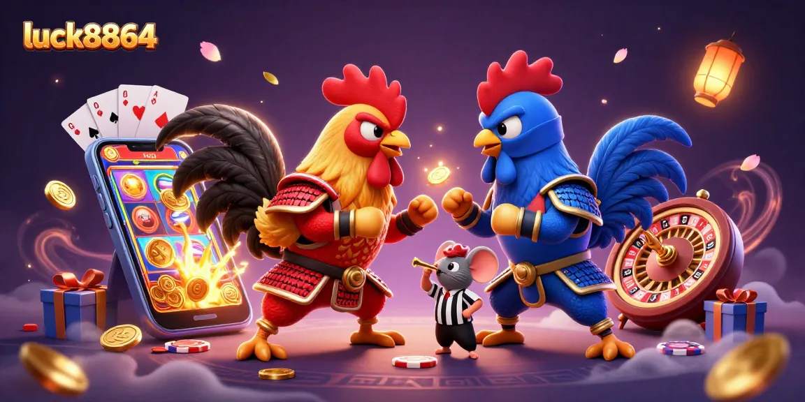 Engage with luck8864's vibrant 3D casino illustration showcasing epic rooster battles, festive elements, and gameplay excitement.