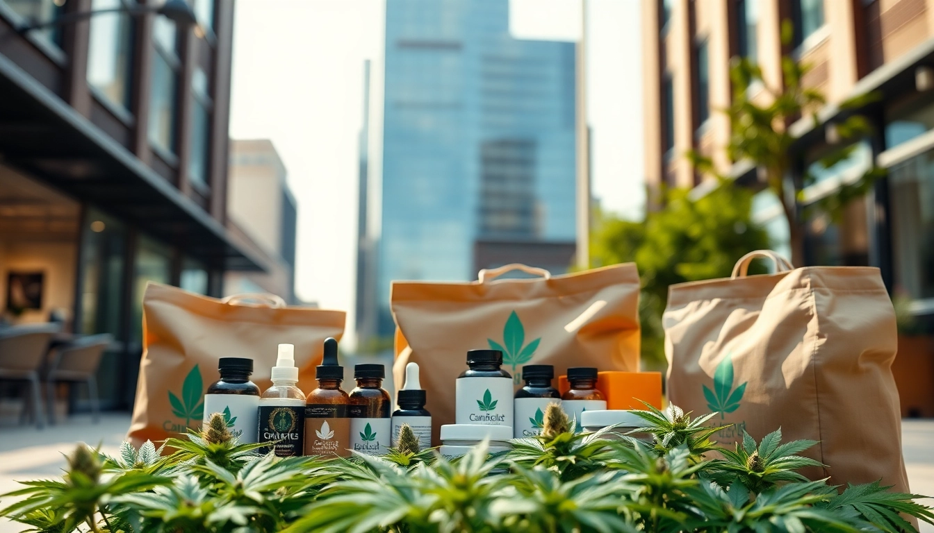Buy weed delivered with diverse cannabis products in a modern urban setting.