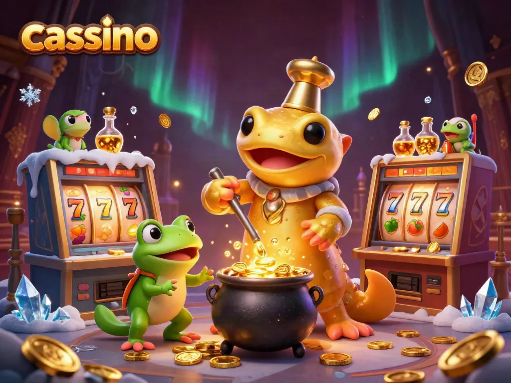 Spin the reels at this vibrant casino illustration showcasing golden success and dynamic gameplay.