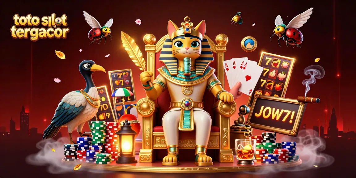 Play at toto slot tergacor, featuring a vibrant scene with an Egyptian pharaoh cat and luxurious casino elements.