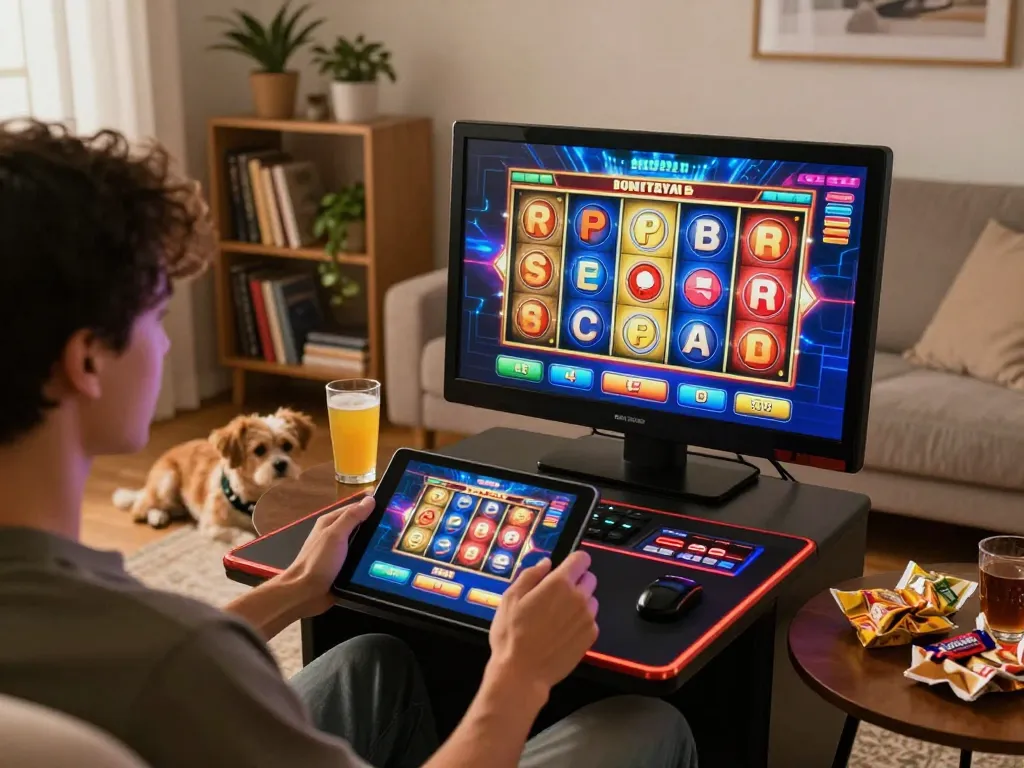 Engaging in online gameplay on link gacor platform, showing colorful slot reels and vibrant casino interface.
