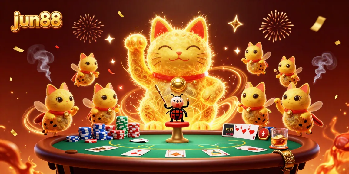 Experience the excitement at jun88 with a vibrant 3D illustration of casino symbols and a lucky cat!