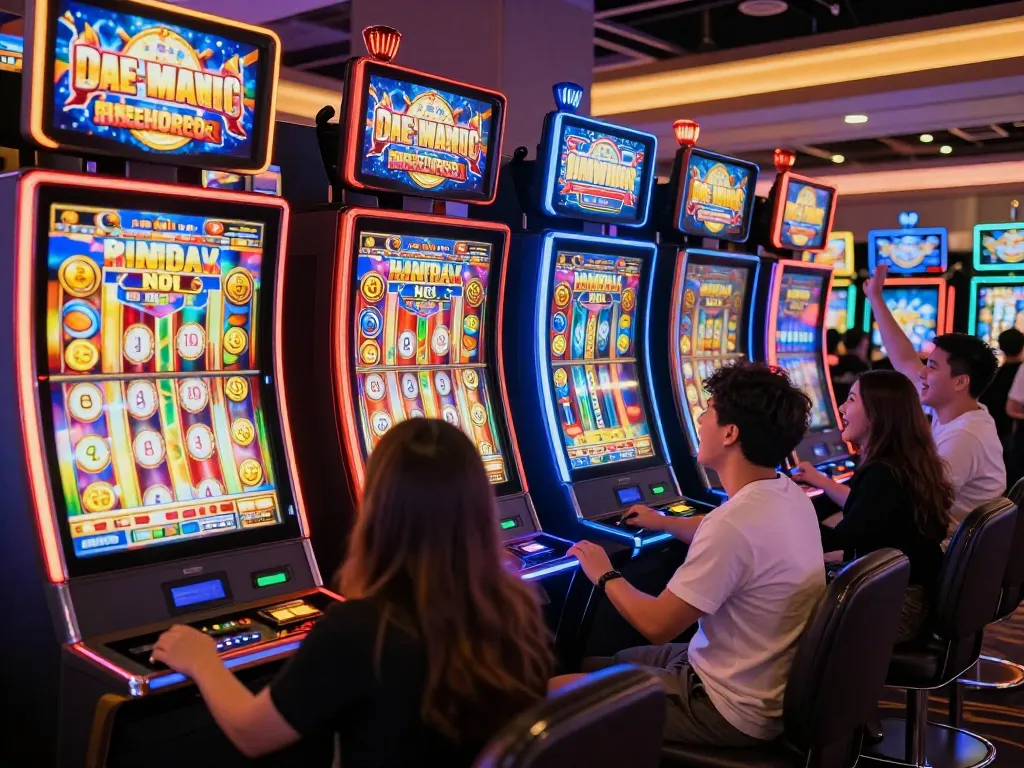 Excited players enjoying slot gacor games with vibrant machines and dynamic lighting in a casino atmosphere.