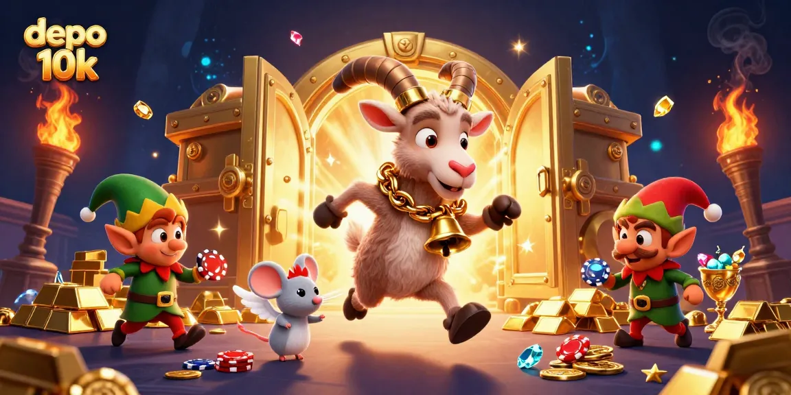 Experience the thrilling atmosphere of depo 10k gaming with lively characters amidst casino treasures.