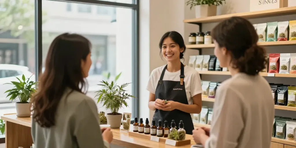 Explore a vibrant CBD shop offering premium flower products with friendly assistance.