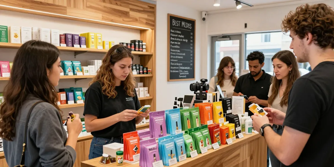 Customers exploring Muha Meds cannabis products in vibrant shop.