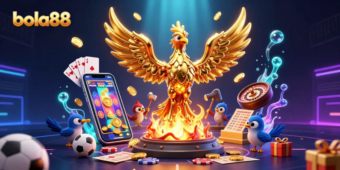 Bola88 sports betting phoenix rising with golden coins, showcasing vibrant casino elements and dynamic energy.