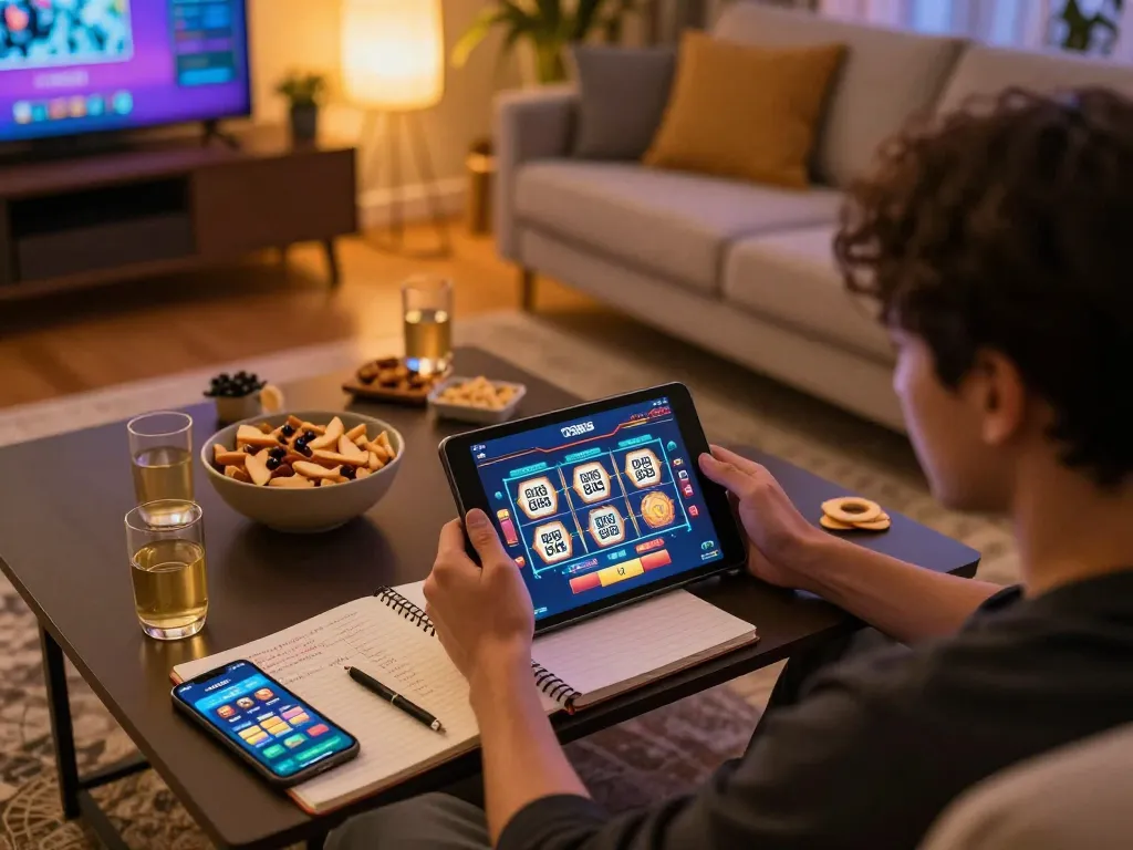 Engaging in a slot depo 10k dana game on tablet at home, showcasing comfortable gaming setup and strategy notes.