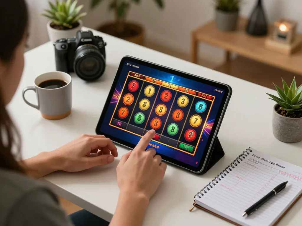 Person engaging with situs slot online, focused on tablet screen showing colorful slot reels and gaming strategies.