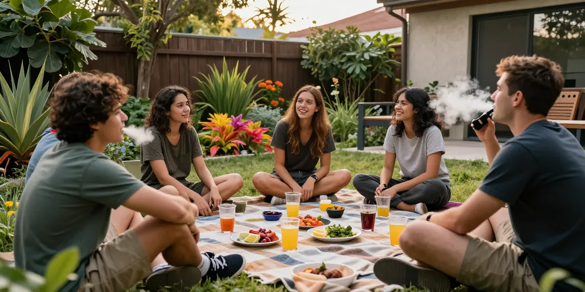 THC weed vape experience in a vibrant garden setting with friends enjoying quality time and organic wellness.