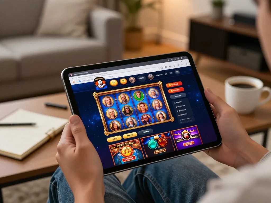 Engaging in mobile gaming at vip99win on a cozy tablet setup.