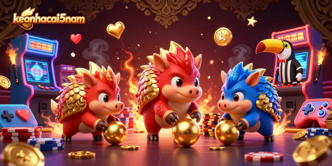 Engage with keonhacai5nam through the thrilling rivalry of cartoon pangolins in a colorful casino setting.