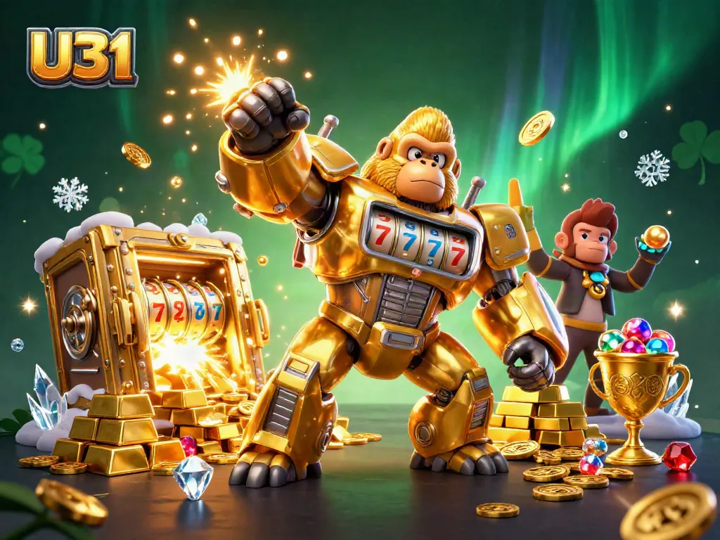 U31 slots and casino adventure featuring a golden gorilla mech with rich treasures and gaming elements