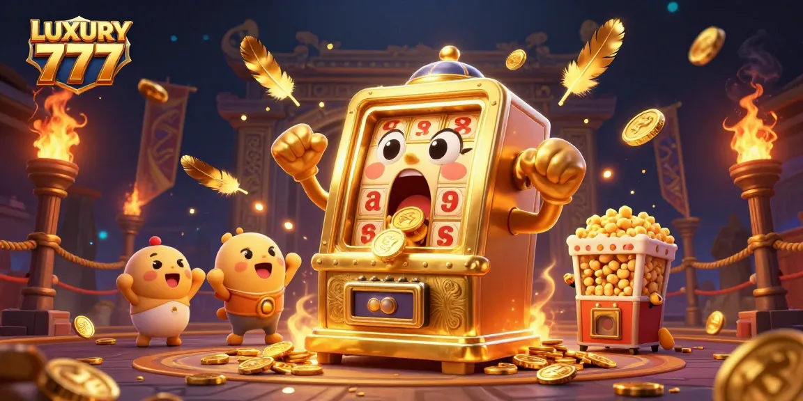 Mesin slot menang jackpot di LUXURY 777, menampilkan karakter kartun ceria dan efek bersinar.