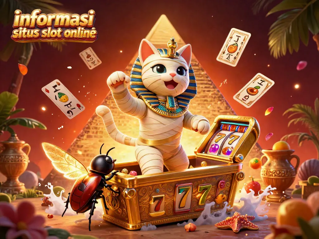 Mengungkap informasi situs slot online melalui ilustrasi 3D slot dengan mumi kucing dan elemen kasino.