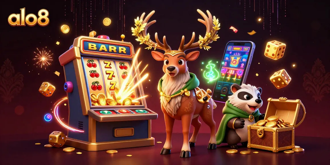 Experience excitement at alo8 with a 3D druid stag and golden jackpots in a rich casino scene.