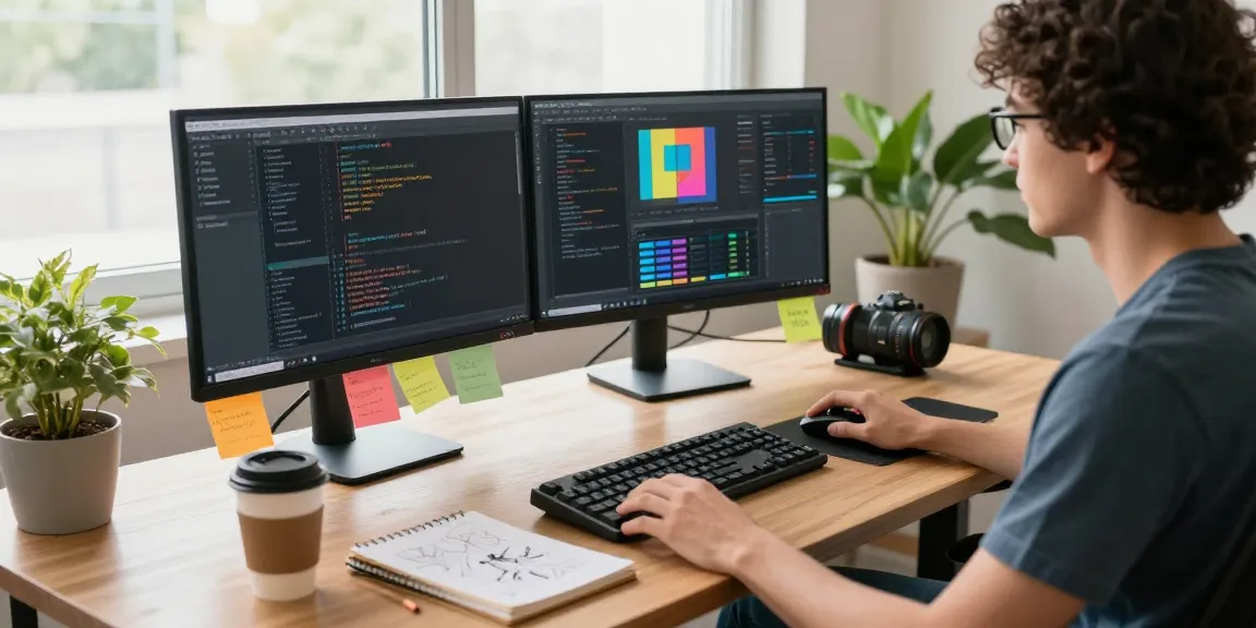 A developer using snipaste官网 in a modern workspace with dual monitors and coding elements, promoting efficiency.