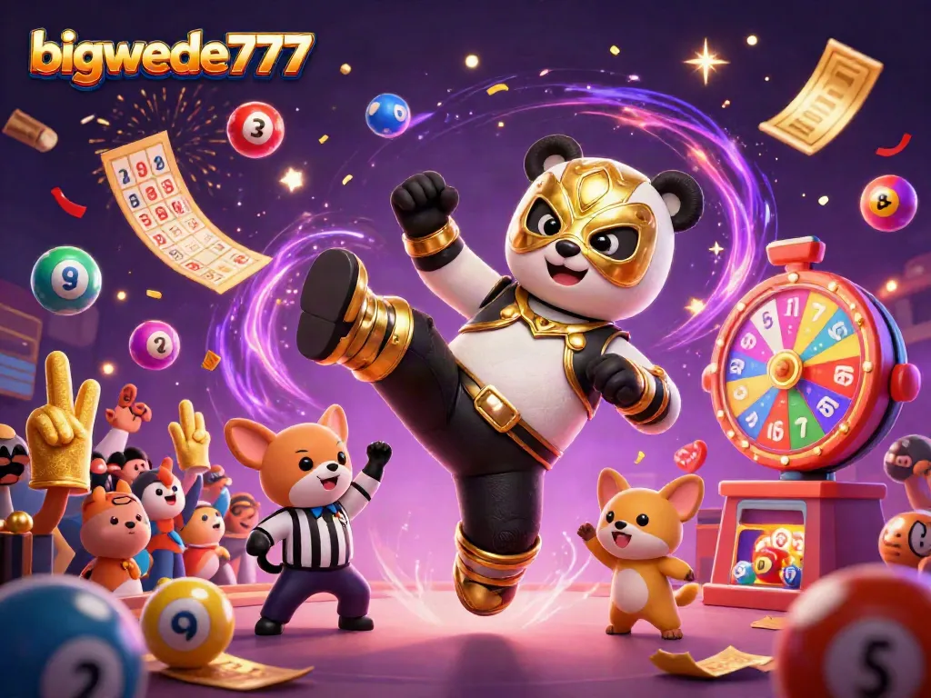 bigwede777 features a 3D panda wrestler showcasing excitement during a lottery celebration event.