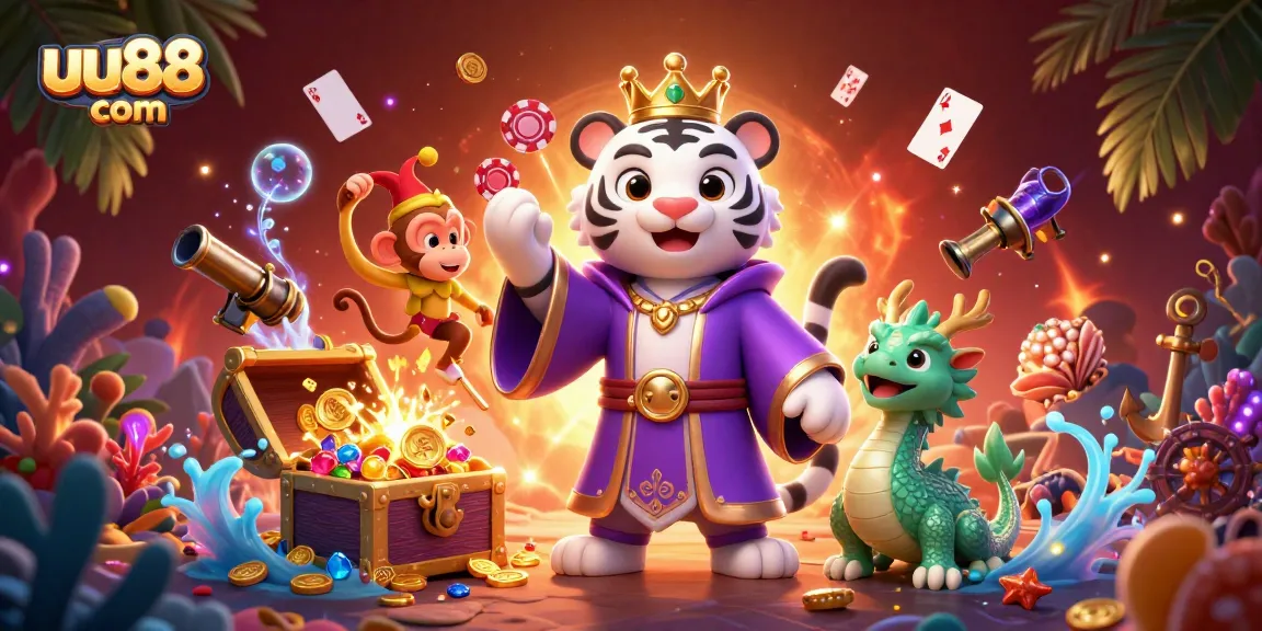 Engage with exciting games at uu88 com, featuring an animated tiger, monkey, and dragon amidst dazzling treasures.