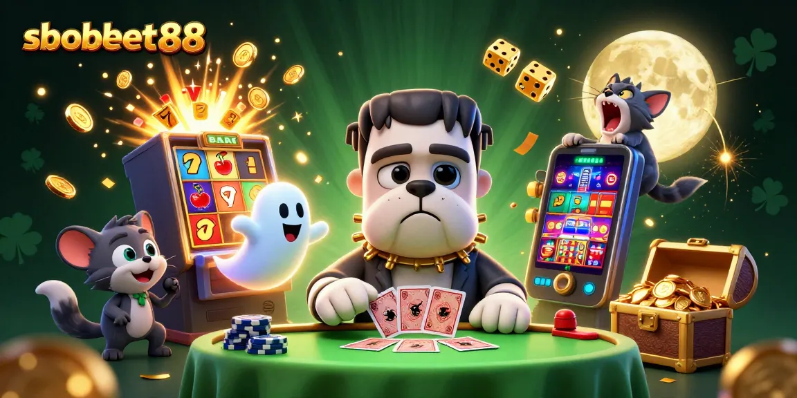 Engage with sbobet88 at a vibrant casino scene featuring a friendly monster dealing cards amidst a jackpot explosion.
