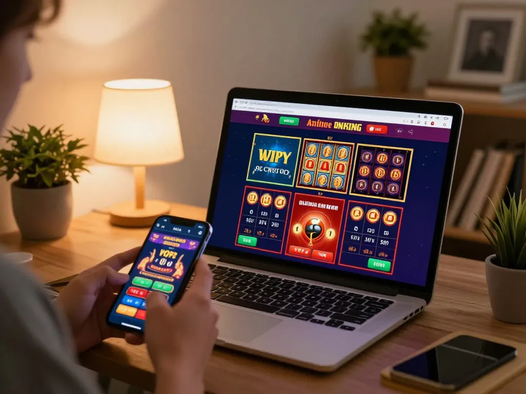 Engaging with games on bj886 platform from a cozy home environment, featuring laptop and smartphone.
