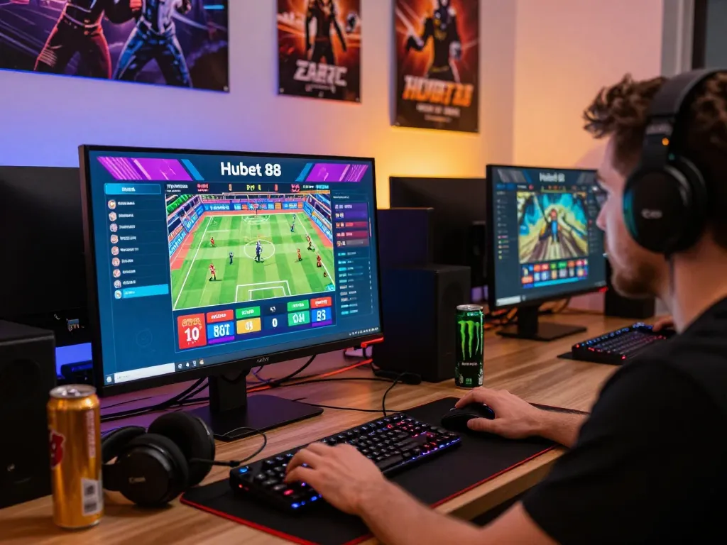Engaged user on Hubet 88 interface showcasing online betting ambiance with gaming accessories.