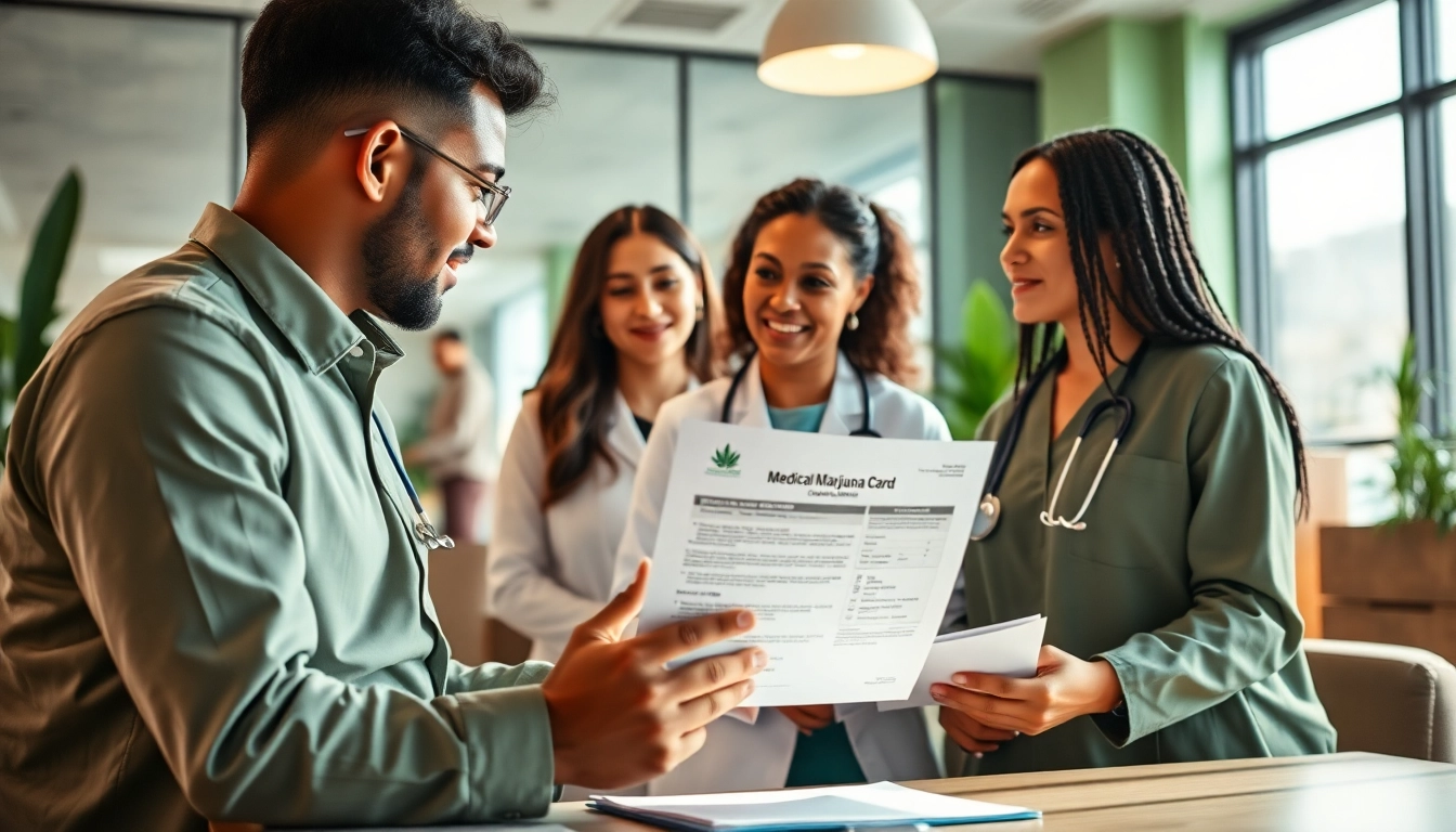 Medical marijuana card online discussion among healthcare professionals in a modern office