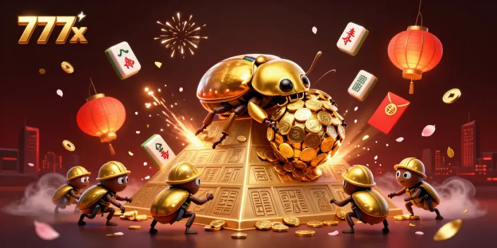 Experience the thrilling world of 777x casino with vibrant graphics showcasing a cartoon beetle scene.