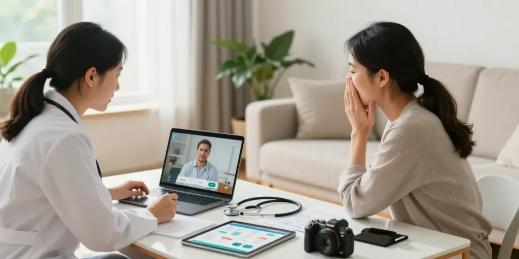 Patient receiving guidance for their Ohio MMJ card in a cozy telemedicine consultation.