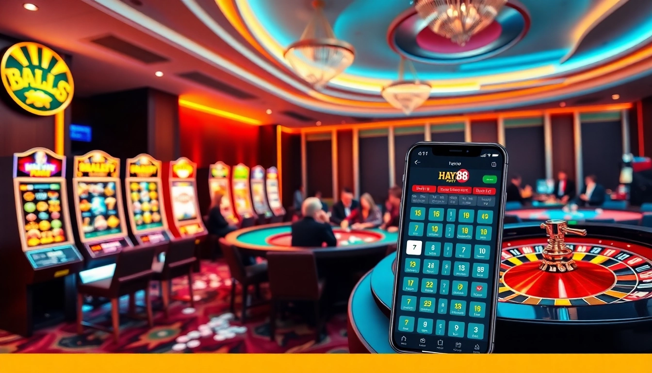 Exciting gaming at trang chủ hay88 with vibrant slot machines and poker tables.