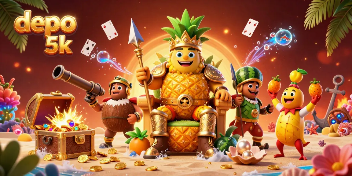 Experience gaming excellence with depo 5k at this vibrant beach casino illustration filled with treasures.