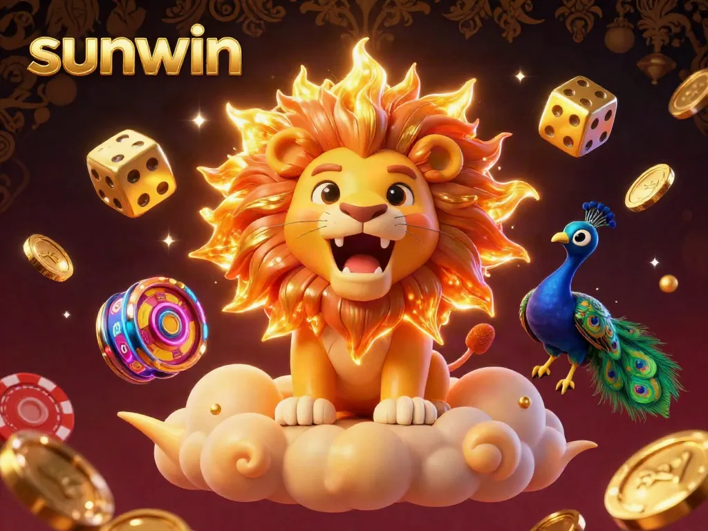 Experience casino joy with sunwin as a triumphant sun lion roars amidst stunning slots and vibrant game elements.