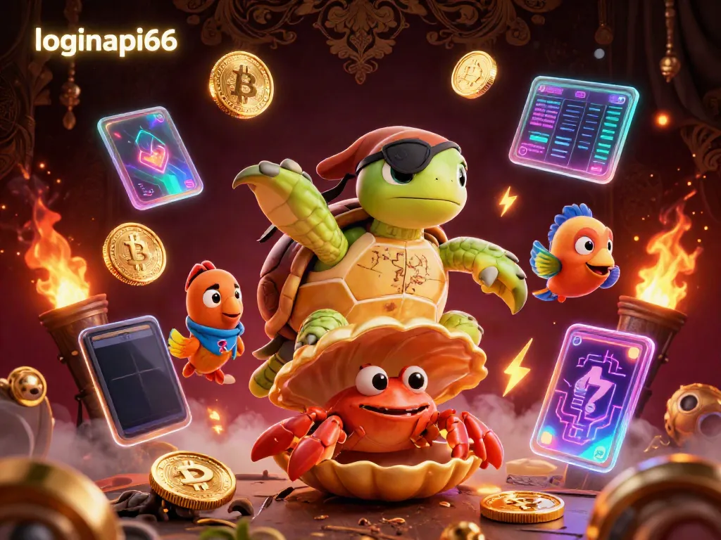 Engage in thrilling gameplay on loginapi66 with a vibrant 3D cartoon pirate turtle, surrounded by dynamic crypto elements.
