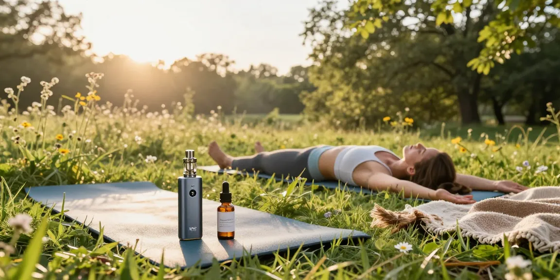 THC weed vape and premium CBD oil in a serene outdoor yoga session, highlighting natural wellness and integration.