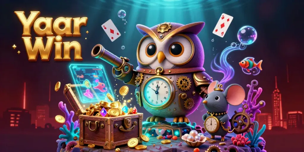 Join the fun with Yaar Win while sparkling treasure surrounds a time-traveling owl and mouse in an exciting casino environment.