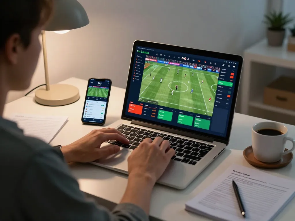 Engaging in kèo nhà cái betting while watching live sports match on a laptop at home