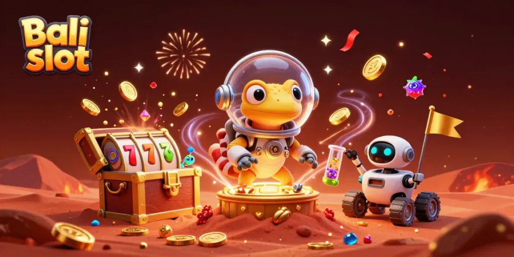 Experience the thrill with Bali slot as a Martian gecko discovers a golden casino in a cosmic adventure.