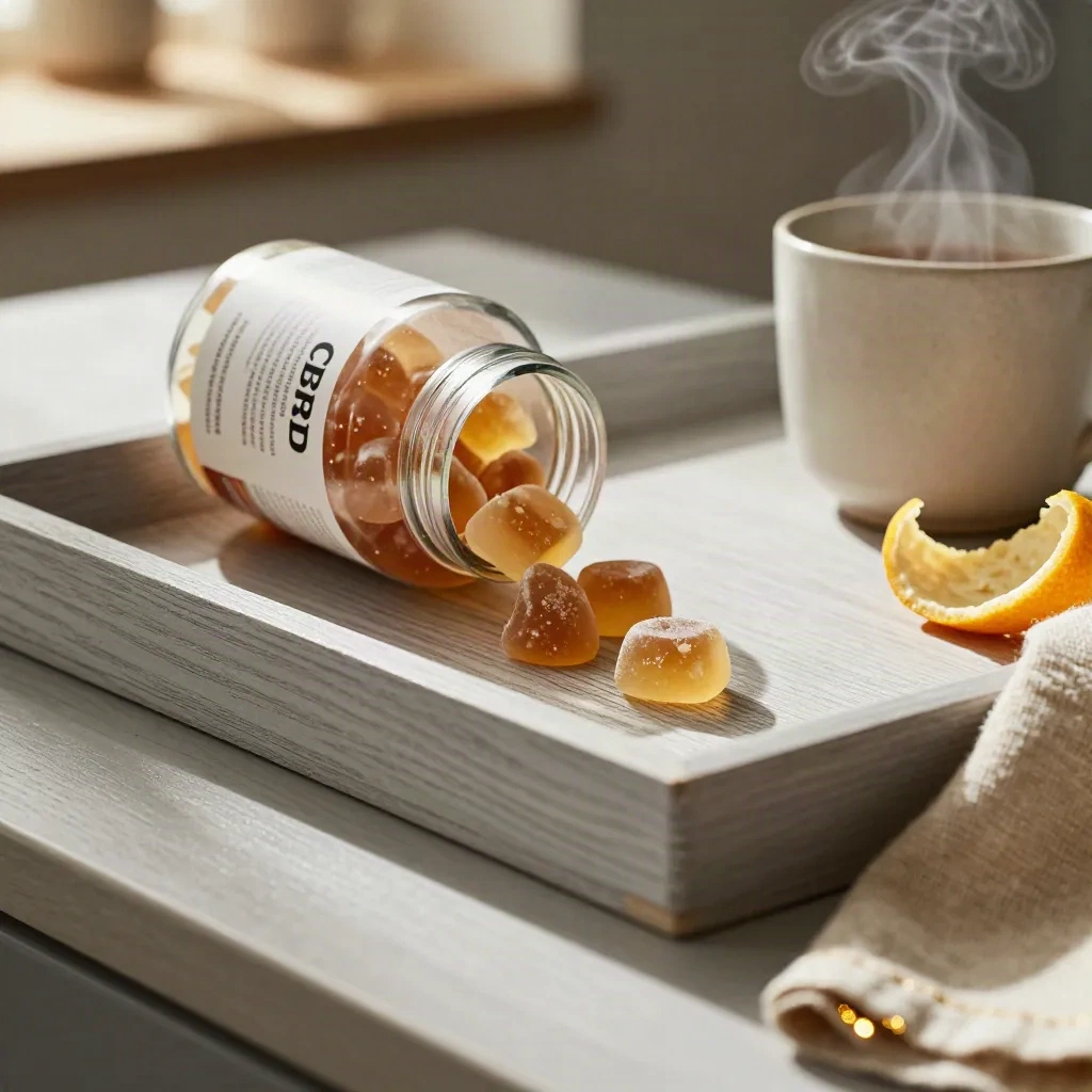 Open CBD gummies jar with fruit chews sliding on a breakfast tray beside tea and citrus peel.